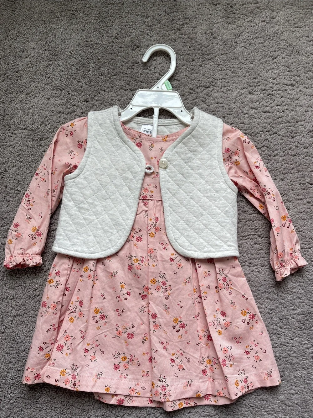 Carter's Pink Floral Dress with Cream Quilted Vest - Girls